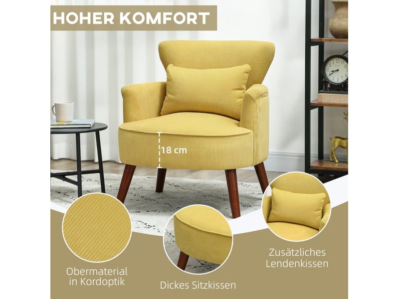  Fauteuil d'appoint moderne 69 x 69,5 x 78 cm, avec coussin lombaire lavable, tissu jaune, pieds en bois  - Conforama D