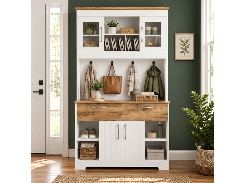  Buffet de cuisine avec vitrines, 2 tiroirs et crochets - lpospi - rangement, bois d’ingénierie blanc naturel  - Conforama B