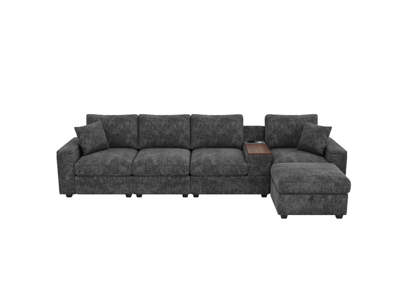  Canapé modulable d'angle modenvie 5 places avec pouf et rangement, ports usb et type-c, table basse pivotante à 360°, chenille grise, 313 x 147 x 82 cm  - Conforama A