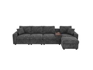 Canapé modulable d'angle modenvie 5 places avec pouf et rangement, ports usb et type-c, table basse pivotante à 360°, chenille grise, 313 x 147 x 82 cm