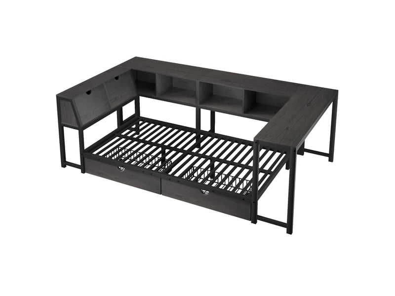  Lit simple enfant 90x200 cm – noir – bureau intégré, led multicolore et 2 tiroirs – sans matelas  - Conforama D