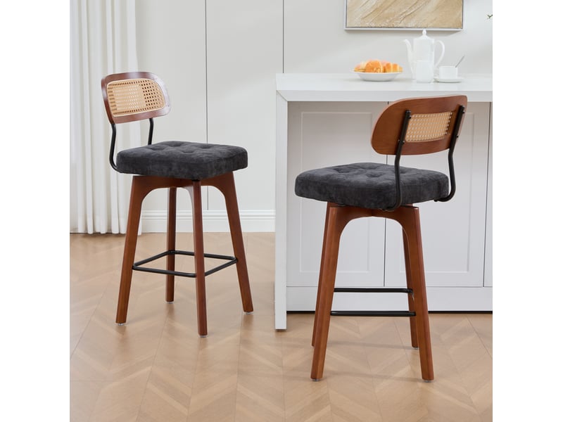  Lot de 2 tabourets de bar pivotants 360° noirs en tissu, dossier en paille et repose-pieds, style mid-century moderne  - Conforama B