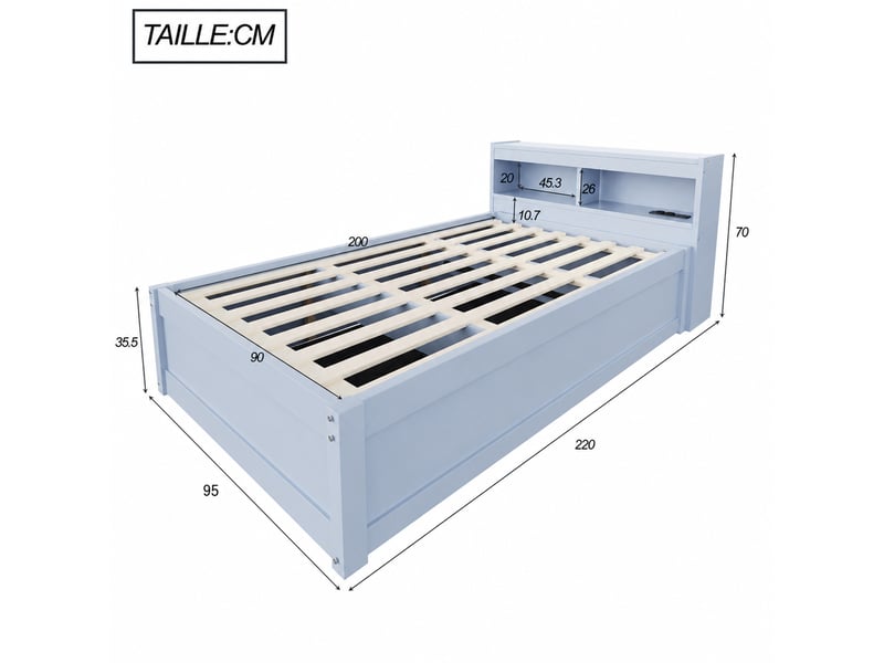  Lit coffre simple 90x200 cm avec rangement hydraulique, prise, niches et éclairage led, sans matelas, gris  - Conforama D