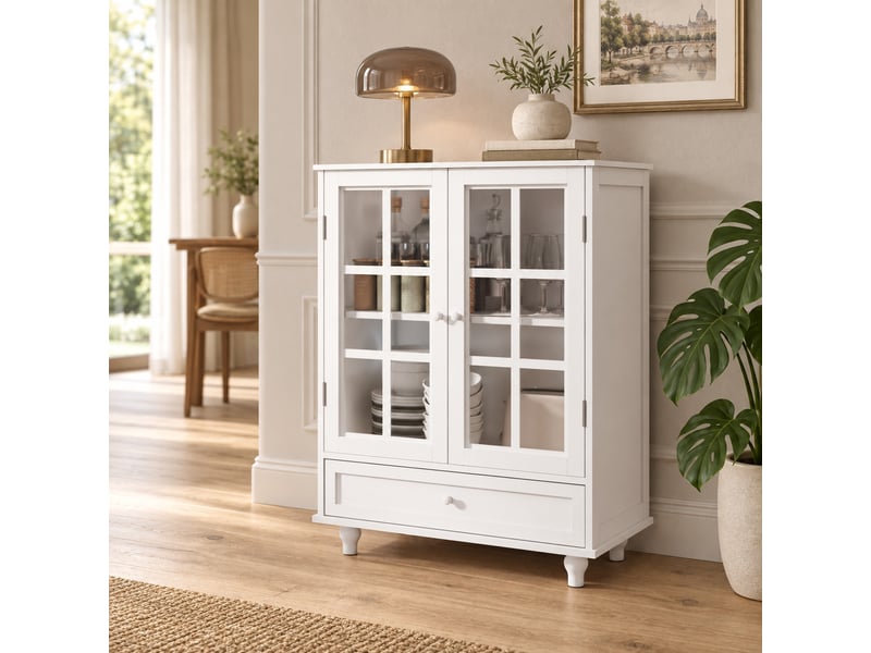  Buffet 38x71x93 cm avec portes en verre trempé, tiroir bas, étagères réglables, poignées et pieds bois, blanc  - Conforama B
