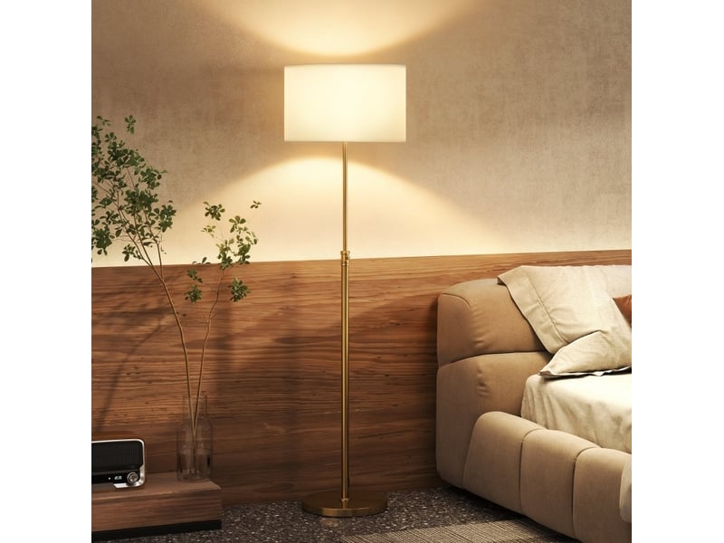  Lampe de pied avec télécommande, réglable en hauteur, abat-jour tissu, pied métallique, lumière ajustable, interrupteur au pied, couleur or  - Conforama B