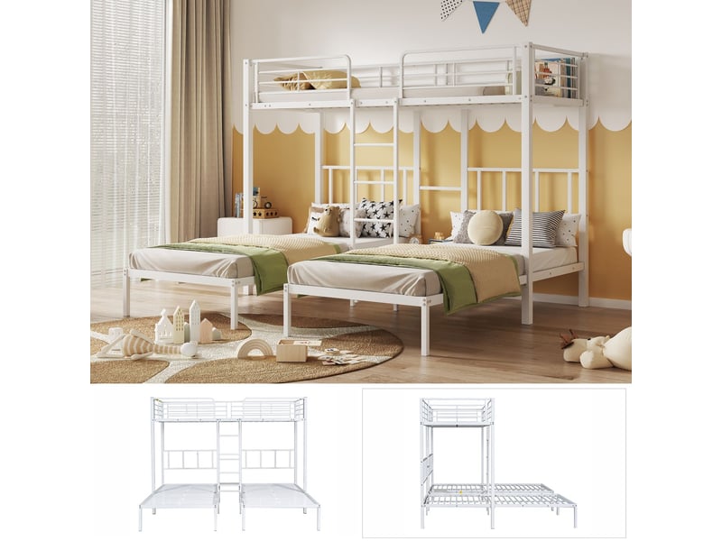  Lit superposé 3 places 90x200cm, lit triple en métal blanc pour chambre d'enfant, avec table de chevet et échelle à 4 marches, stable  - Conforama D