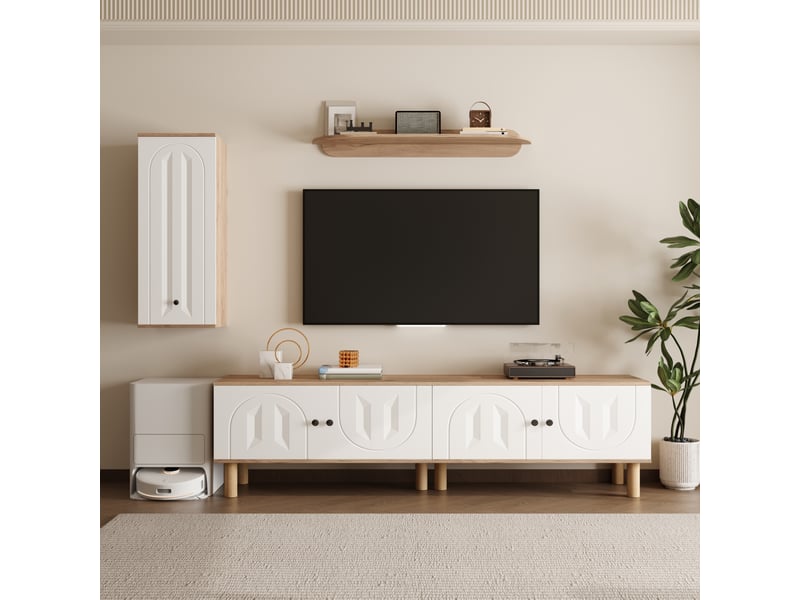 Ensemble meuble tv mural 3 pièces salon avec rangement ouvert et fermé, charnières silencieuses, blanc et bois GL0556N - Conforama E