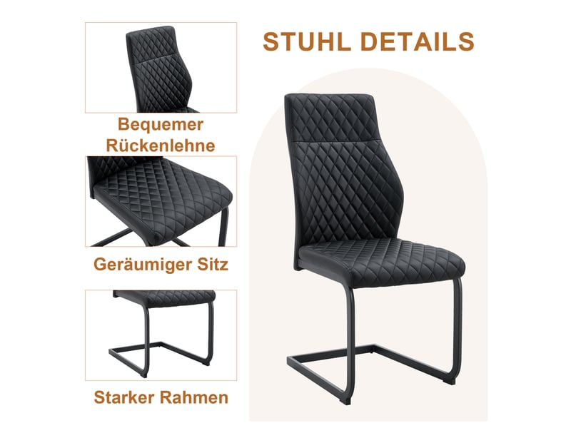  Ensemble table et chaises avec 1 table ronde et 4 chaises  - dossier haut - verre trempé, métal et pu - noir  - Conforama E