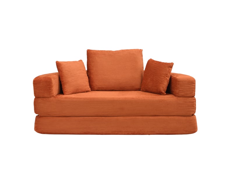 Canapé droit convertible 2 places en velours côtelé orange, modulable pour petits espaces et invités - Conforama A