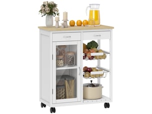 Desserte de cuisine à roulettes plateau bambou porte vitrée blanc 67 x 35 x 80 cm