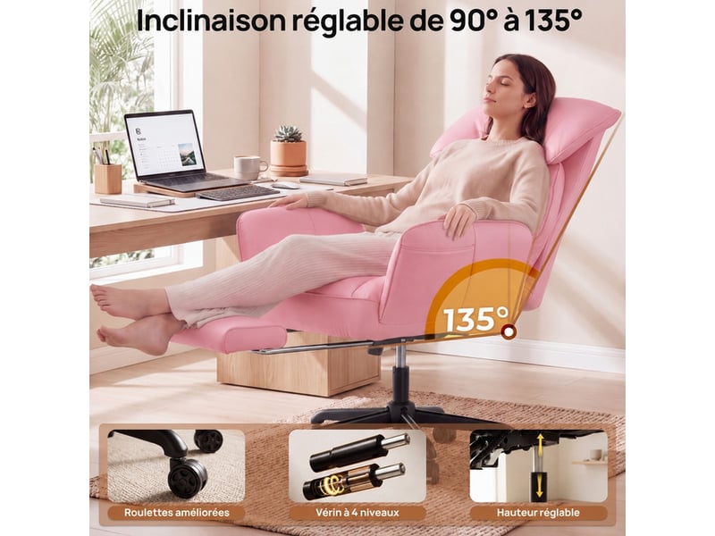 Dowinx fauteuil gaming ergonomique rose avec massage, ressorts ensachés, réglages multiples, revêtement en similicuir pu, grand format - Conforama E