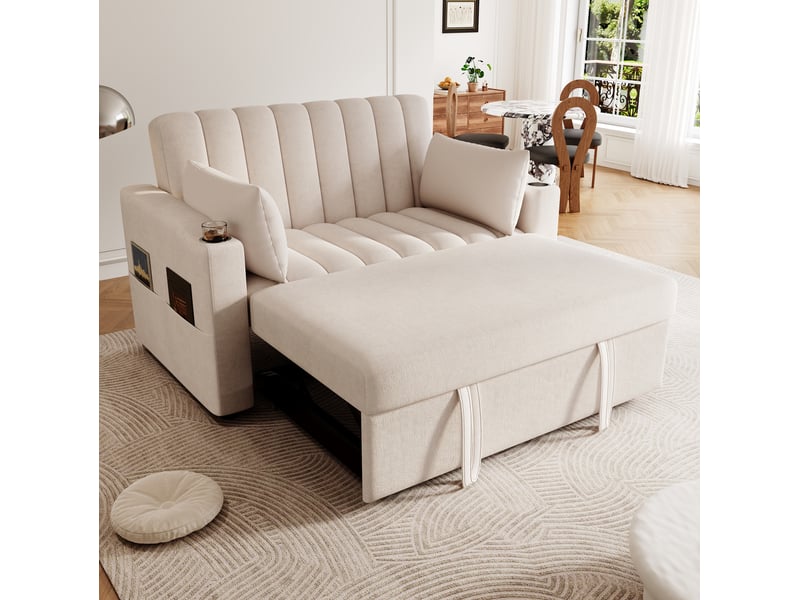 Canapé convertible 2 places avec dossier réglable 3 positions, porte-gobelets et poches, en coton et lin beige - Conforama D