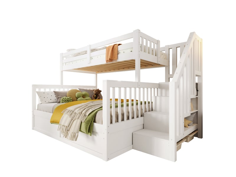  Lit superposé enfant 90x200 + 140x200 cm avec rangements, blanc et naturel  - Conforama A