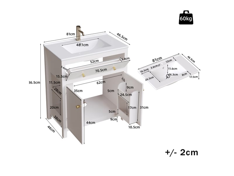  Meuble sous vasque avec 1 porte, 1 tiroir et vasque en céramique, fermeture douce, blanc, 81 × 46,5 × 86,5 cm  - Conforama E