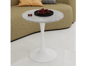 Table basse ronde 70 cm, style moderne, gris clair et coloris blanc, motif de marbre en mdf