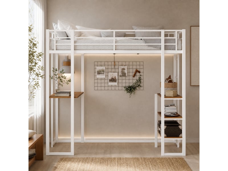  Lit mezzanine 90x190 cm en métal blanc avec bureau, garde-corps et rangement  - Conforama B