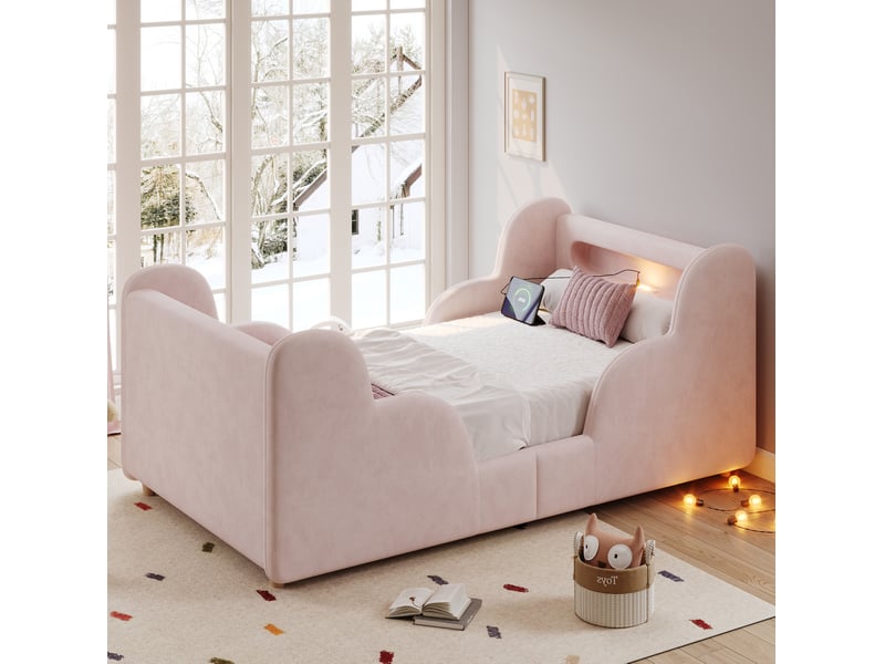  Lit simple enfant 90x200 cm en velours rose avec barrière, veilleuse et usb  - Conforama B
