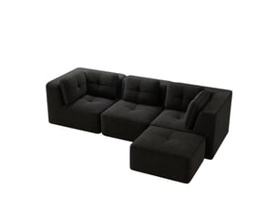 Canapé d'angle, canapé modulable; 3 places, en velours tricoté, avec pouf, sans montage, sans cadre, noir, assise profonde