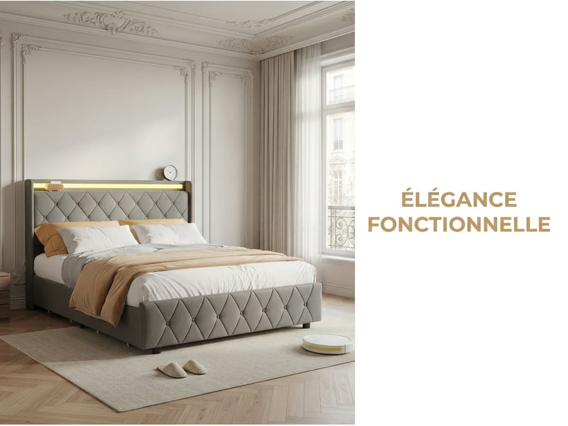  Lit 140x200 cm avec led- tête de lit avec étagère- lit capitonné pu gris- sommier à lattes inclus  - Conforama D