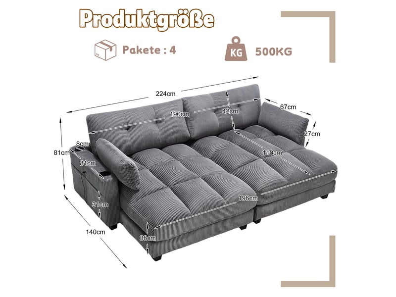  Canapé modulable 2 places séparable avec ports usb et rangement - lpospi - 4 porte-gobelets velours côtelé gris  - Conforama D
