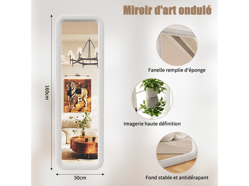  Miroir pleine longueur blanc 160x50 cm à bords arrondis, cadre en flanelle rembourrée, au sol ou mural pour chambre et dressing  - Conforama C