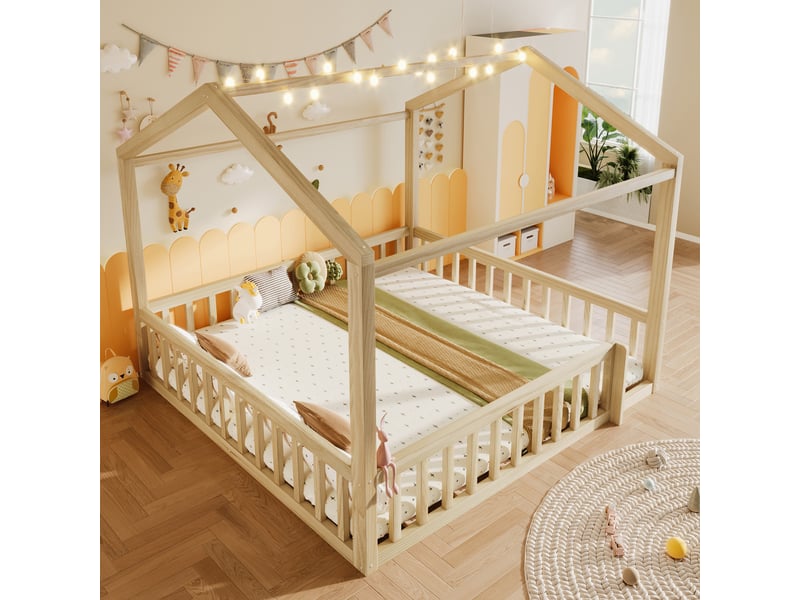  Lit cabane enfant 90 x 190 cm x2 180 x 190 cm effet bois naturel, séparable en 2 lits, led, barrières, pin massif et mdf, style minimaliste  - Conforama D