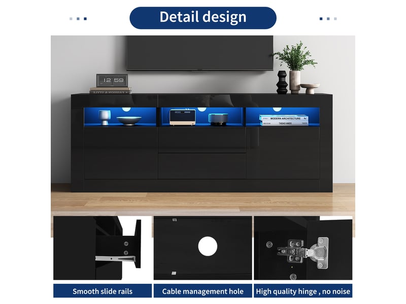  Meuble tv haute brillance 160 x 35 x 60cm avec led,3 compartiments ouverts,2 portes+2 tiroirs,contrôle intelligent de l'app,noir Façade Brillante,avec Lumière - Conforama C