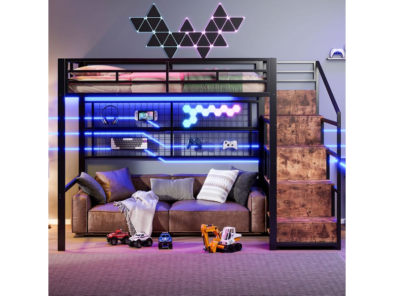  Lit mezzanine 140 x 200 cm en métal, armoire, échelle, led 7 couleurs noir  - Conforama E