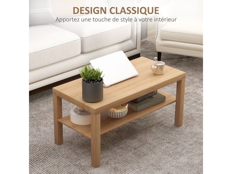  Table basse de salon rectangulaire à 2 niveaux avec étagère de rangement en bois naturel de dimensions 90 x 45 x 44,5 cm  - Conforama E
