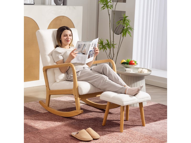  Fauteuil à bascule avec repose-pieds, revêtement polaire, dossier haut, pieds en bois, patins de protection, blanc  - Conforama C