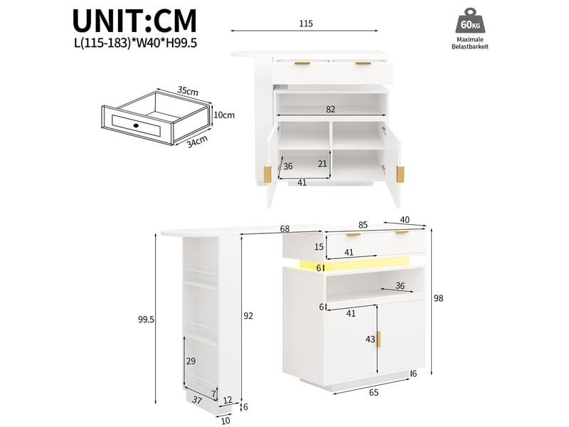  Console extensible avec rangements, étagères réglables, led et plateau pivotant pour cuisine et salle à manger, blanc  - Conforama D