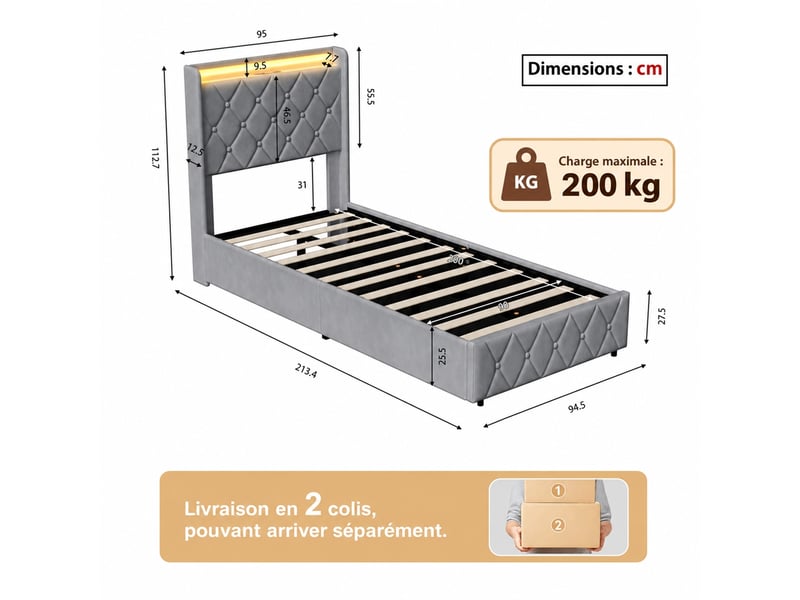 Lit coffre 90x200 cm avec led et usb, lit simple capitonné avec rangement hydraulique, lit 1 place avec sommier à lattes, lit adulte avec tête de lit rembourrée, velours gris - Conforama C