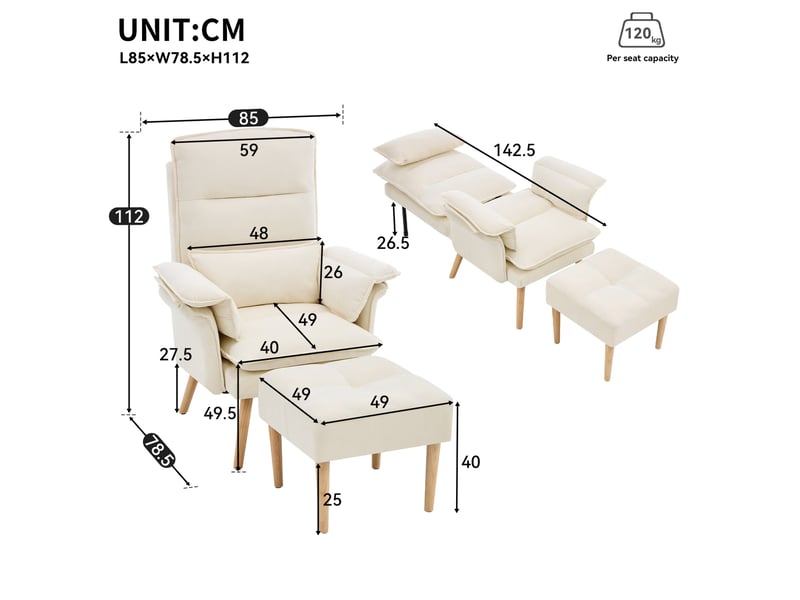 Fauteuil relax 1 place beige avec repose-pieds, dossier réglable 5 positions - Conforama C
