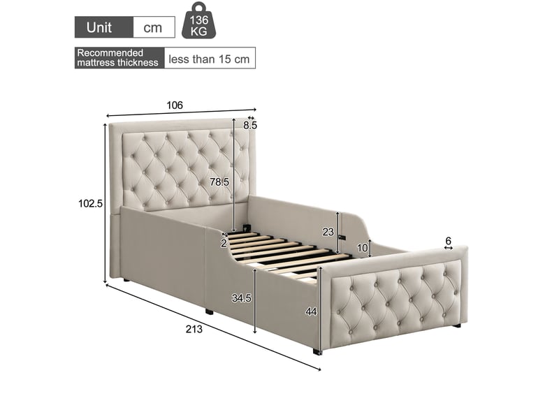  Modenvie lit enfant coffre 90x200 cm - avec rangement intégré, tête de lit capitonnée - beige  - Conforama C