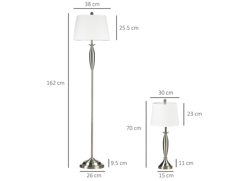  Set de 3 lampes, lampadaire et 2 lampes de table e27, argenté et blanc  - Conforama C