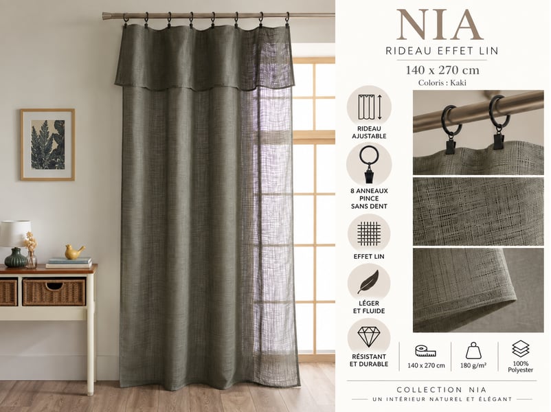  Rideau ajustable + 8 anneaux pince 140 x 270 cm polyester effet lin nia kaki 15662 - Conforama C