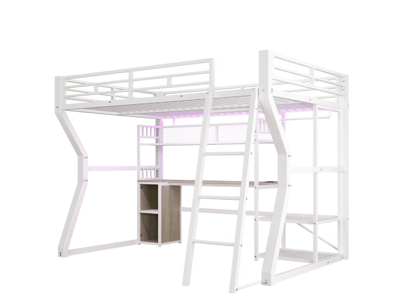  Lit mezzanine blanc 140 × 200 cm en métal, bureau, prise, penderie et rangements  - Conforama D