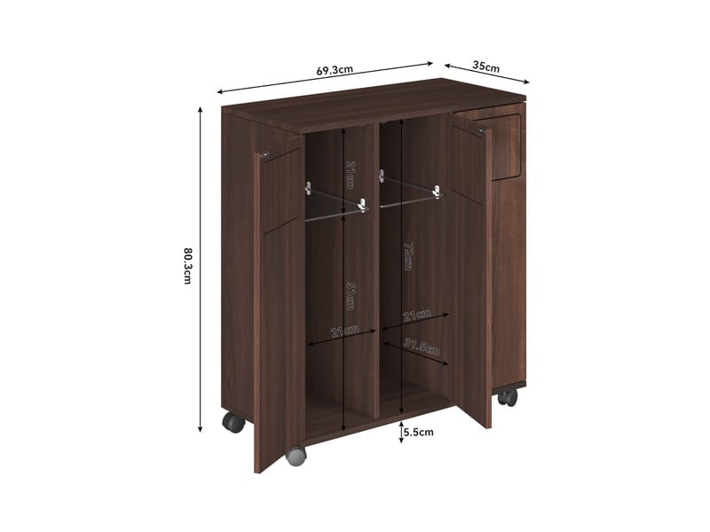  Meuble de tri des déchets 69,3x35x80 cm marron mdf, 3 portes sur roulettes verrouillables pour cuisine  - Conforama C