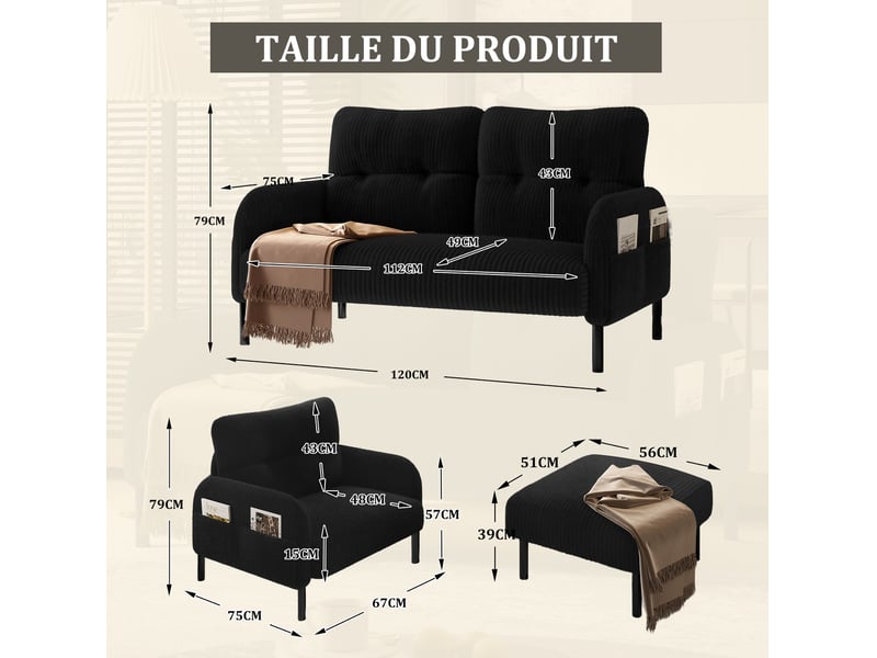 Ensemble de canapés 2 places avec fauteuil et repose-pieds, pochette latérale, dossier, pour le salon, velours, noir - Conforama C