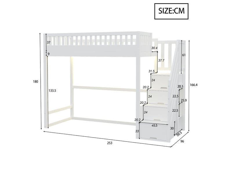  Lit mezzanine 90×200 cm avec rangements, led et échelle réversible, bois, blanc, sans matelas  - Conforama C