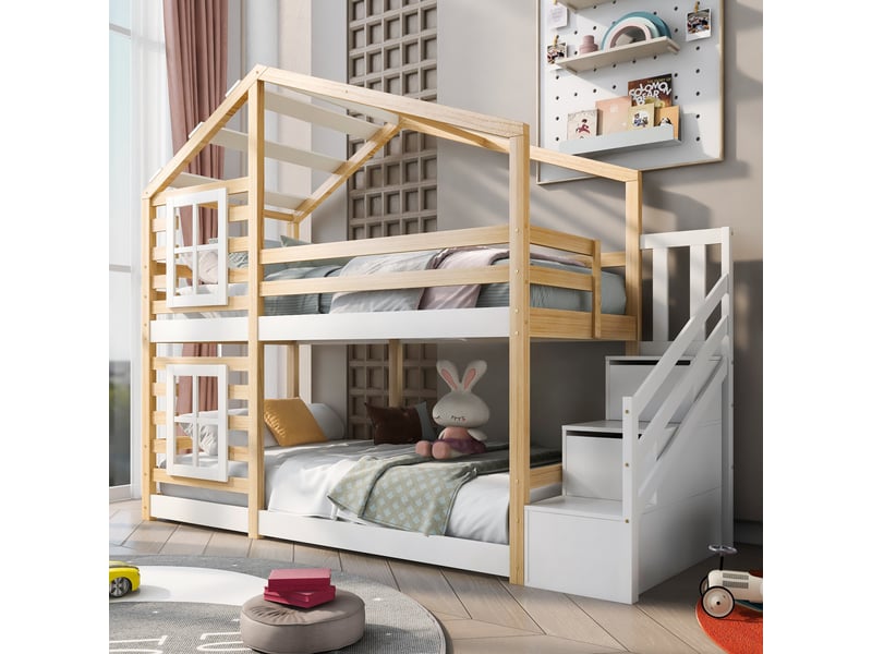  Lit d'enfant 90x200cm, lit multifonctionnel avec escalier, lit superposé avec 2 sommiers à lattes  - Conforama E