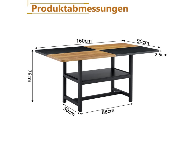  Table à manger industrielle,160x90x76 cm,4 à 6 personnes avec étagère,mdf,marron et noir  - Conforama C