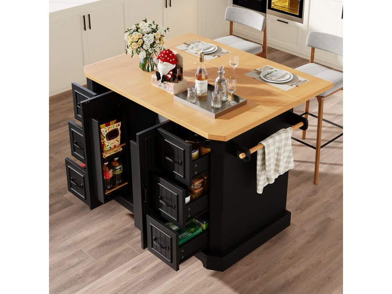  Îlot de cuisine mobile noir, desserte de cuisine avec 2 portes et 6 tiroirs, plateau en bois, 120x45x91 cm  - Conforama E