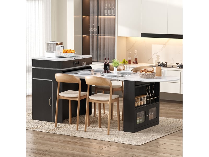  Îlot de cuisine extensible 55-194 x 80 x 95,5 cm – noir – led, prises et rangement intégré  - Conforama E