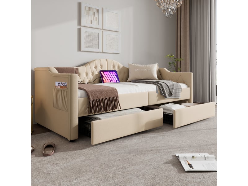  Lit coffre 90x200 cm avec led et tête de lit, coton, beige, sans matelas  - Conforama W