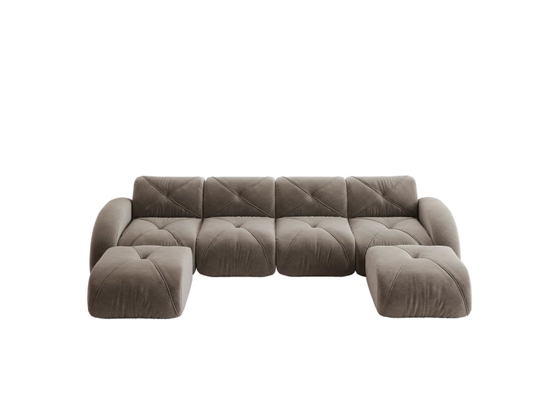Canapé modulable panoramique 4 places en tissu chenille taupe, design sans dossier avec 2 poufs, idéal salon moderne - Conforama A