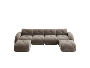 Canapé modulable panoramique 4 places en tissu chenille taupe, design sans dossier avec 2 poufs, idéal salon moderne