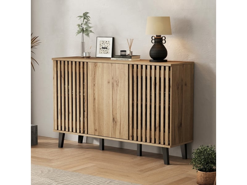 Buffet bois naturel 150 cm, meuble de rangement 3 portes avec 6 compartiments, pieds noirs - Conforama E