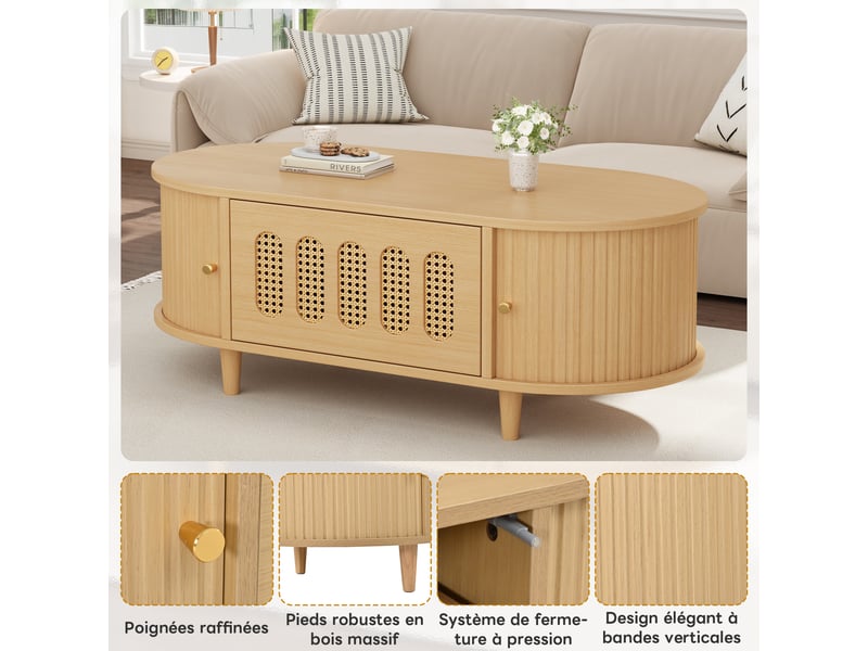 Table basse ovale 100 cm avec rangements, 1 tiroir à pression, 2 portes à rideau, façade à cannage, mdf et pieds en bois massif, décor bois clair Luxe haut de gamme - Conforama R
