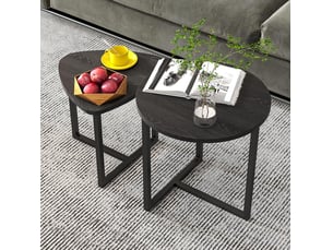 Lot de 2 tables basses gigognes rondes 45x48 et 42x40 cm, style industriel, structure métal, effet bois noir